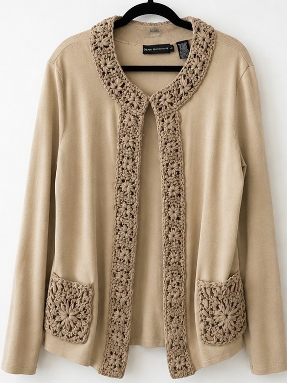 Dana Buchman Tan Crochet-Trim Open Front Cardigan